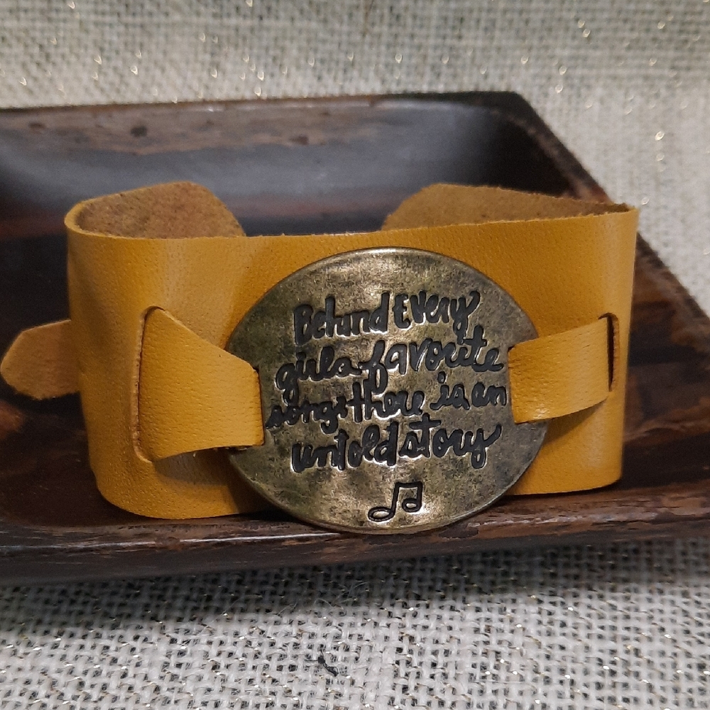Yellow Leather Bracelet with Inspirational Quote Metal Plate Antique Bronze